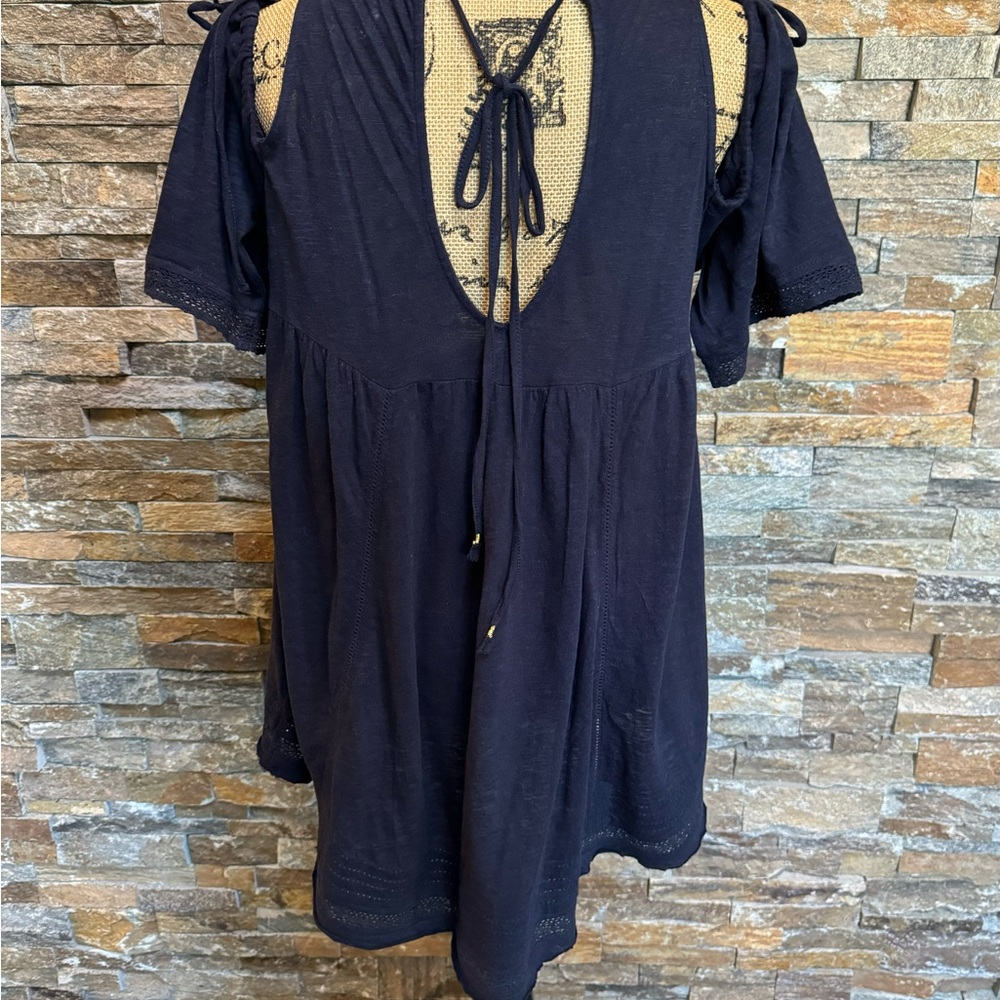 Free People Fast Times Blue Flowy Top Sz XS Scoop Back Boho Hippie Embroidered - Picture 6 of 13